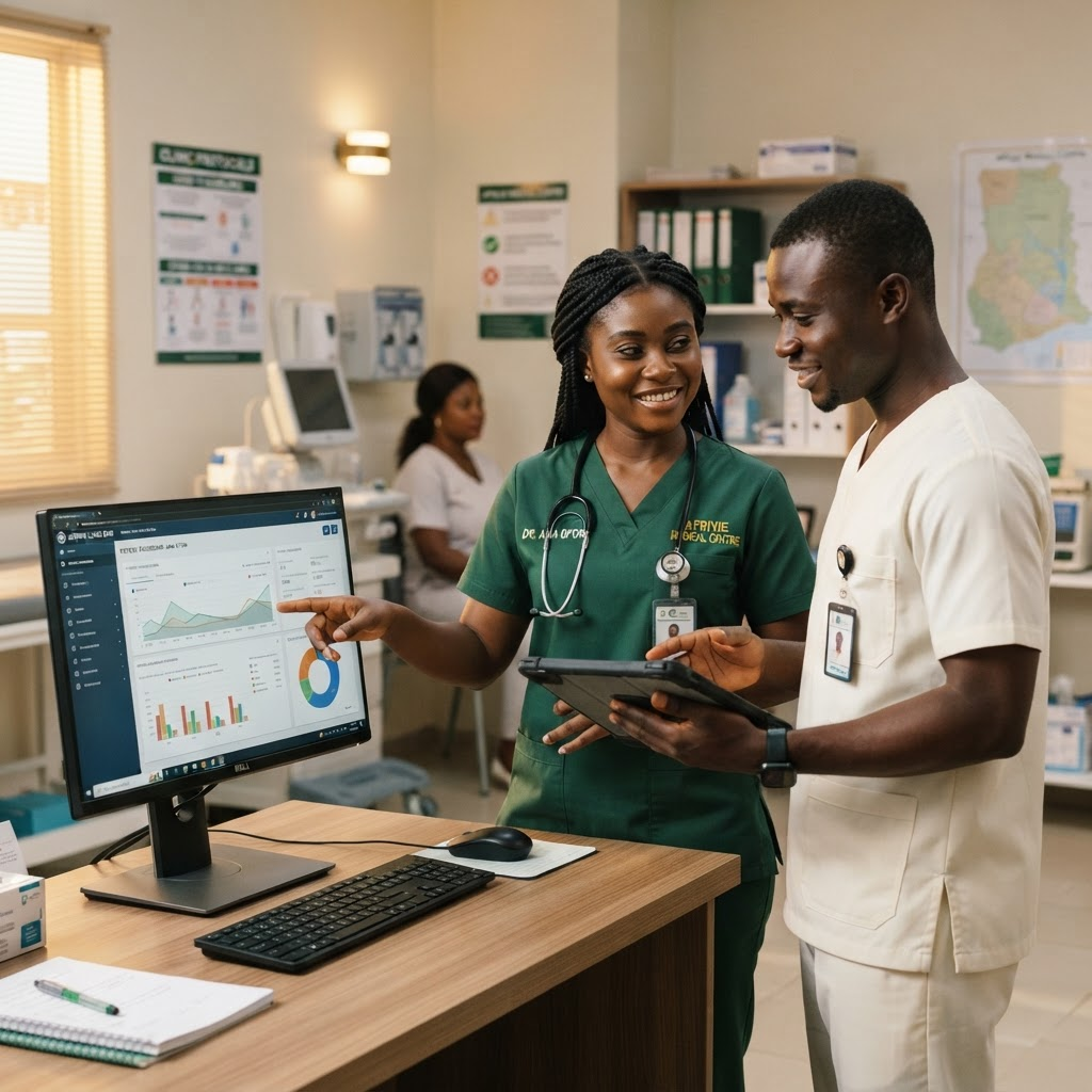 Healthcare worker reviewing records in a Kumasi clinic